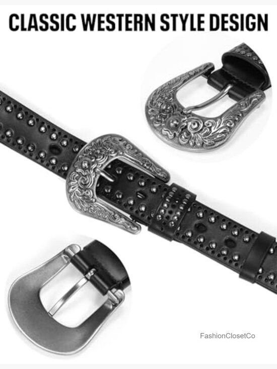 Vintage Silver Buckle Studded Leather Belt 35mm Western